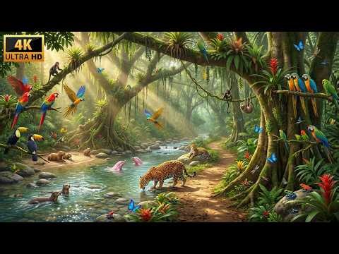 Relaxing Amazon Walk: River's Edge with Macaws & Jaguar Territory — Nature Sounds 4K 🦜🐆