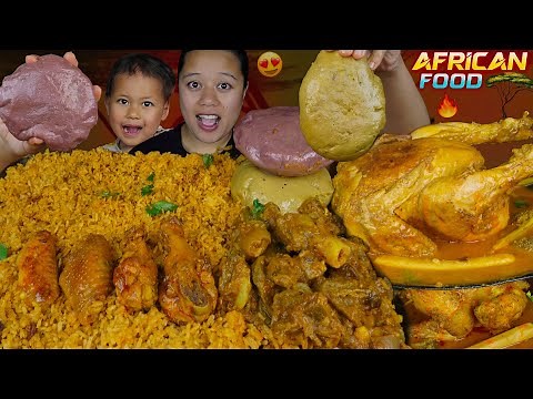 Massive African Mukbang Feast: Jollof Rice, Fufu, Goat Curry & Kukupaka! Whole chicken curry
