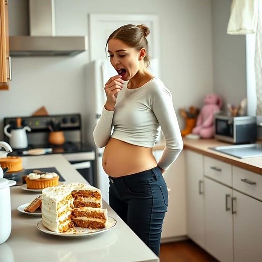 Eating too much of her cake. Shes stuffed and her belly suddenly swells up quite big.