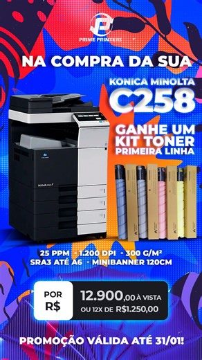 Prime Printers | Impressoras Importadas on Instagram: "QUER COLOCAR DINHEIRO RÁPIDO NO BOLSO? 💰 Konica Minolta C258 RESOLVE: ✓ Multifuncional colorida ✓ Produtividade profissional ✓ KIT TONER GRÁTIS Comprou = economizou. Economizou = lucrou. Simples assim. Oferta limitada! Precisou? Já sabe! Chama que na Prime tem! 🔥 . . . . . . . . #primeprinters #impressoramultifuncional #konica #promoção #viral"