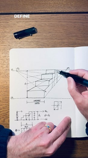 Stairs in perspective explained in more detail. Another method. Paper: Sketch from Chartwell Books Fountain pen: #opus 88 demo ——————- Ink: #montblanc ———————- #drawing #sketching #art #urbansketching #people #perspective #humanfigure #man #woman #pattern #repetition #practice #reels #teaching #stairs #geometry #class #geometric #concept #artreels #architecture #architect #video | SketchViews