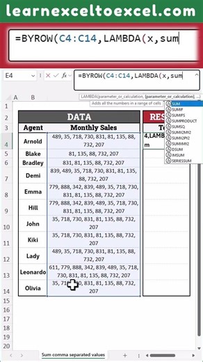 Sum Comma Separated Values in #Excel with formula using Dynamic Array Functions #BYROW #TEXTSPLIT