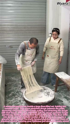 Food Process: Master Chef Pulling Noodles Between Two Bamboo Poles Over Flour