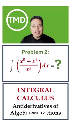 Integral Calculus: Solving Antiderivatives of Algebraic Functions Problem 2 Like, Share, Subscribe and Follow my social media accounts: FB: The Math Den YT: Den Farc - TMD Tiktok: tmdmath Thanks! #calculus #basiccalculus #calculus1 #grade11 #grade11mathematics #grade11maths #college #collegemathematics #collegemaths #derivatives #differentiation #integral #integralcalculus #antidifferentiation #antiderivative #antiderivatives #calculus2