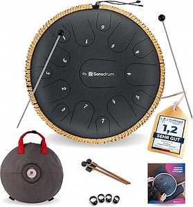 Zungentrommel "Premium" C - Dur in Dunkelblau - 35 cm groß mit 15 Tönen. Steel Tongue Drum inkl. Liederbuch, Schlägel, Fingersticks und Tragetasche. Notenlesen nicht nötig, einfach zu spielen