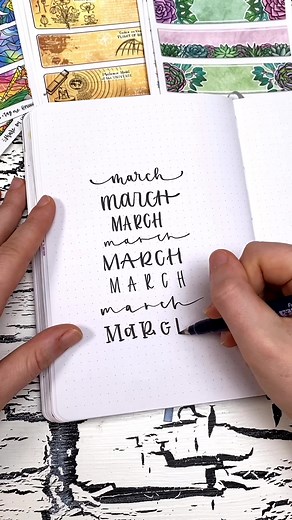8 simple March headers using 1 black brush pen 💗 which is your favorite?? #lettering #bujoideas #bulletjournaling #handlettering #letteringvideo #handwriting #bujostickers