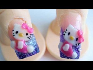 Hello Kitty acrylic nail design 3d purple glitter kawaii