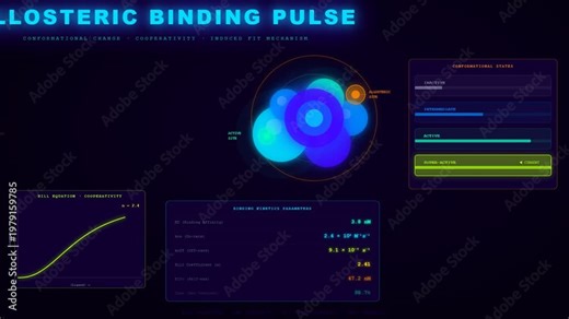 Understanding molecular interactions through an AI Drug Discovery platform showcasing allosteric binding pulse data and kinetic parameters in a dynamic scientific simulation interface.