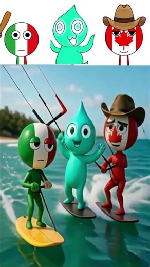 Mr sprunki.OC“Three brave toy characters kitesurf across sparkling turquoise waves under a bright