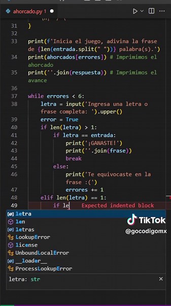 Juego del ahorcado con Python (parte 2) 🐍 #programacion #programming #programador #developer #python #aprendepython #aprendeentiktok