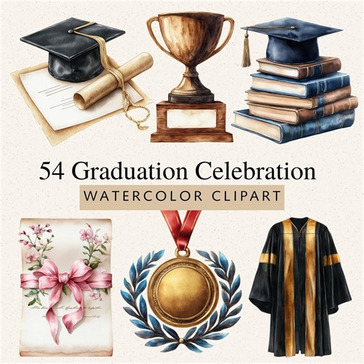 Watercolor Graduation Celebration Clipart, 54 PNG Images, Party Cap Diploma Illustration Bundle (digital Download) - Etsy