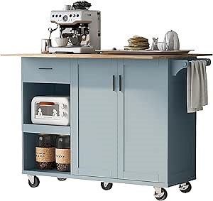 Kitchen Island with Storage， Rolling Kitchen Island on Wheels with Drop Leaf， Towel Rack and Drawer, Door Cabinet, Drawer, Kitchen Cart Island Table for Kitchen (Grey Blue)