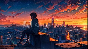 Anime City Sunset | Reflective Boy Watching Stunning Urban Skyline | Breathtaking Sunset Over a Futuristic Anime City | Peaceful Reflection