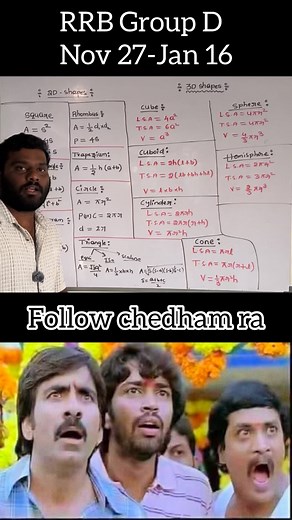 Mensuration All Formulas for RRB Group D 2025 | Fast Revision Trick for Exams Master all important mensuration formulas for RRB Group D 2025 in one place. This post covers area, perimeter, surface area, and volume formulas for 2D & 3D shapes—Triangle, Circle, Square, Rectangle, Cuboid, Cylinder, Cone, Sphere, Hemisphere and more. Perfect for quick revision before the exam. Designed for RRB Group D, SSC, Railway, Police, TS/AP exams and all competitive tests. Save this post and revise daily to sc
