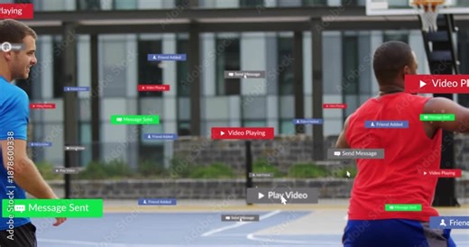 Orange basketball bouncing, overlays appearing, blue player dribbling and leaping for layup in tech