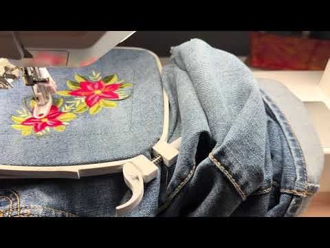 EPIC3 FREE ARM EMBROIDERY!! 120x120 hoop on a FULL pair of jeans 😳💖🥰 #epic3 #husqvarna #embroidery