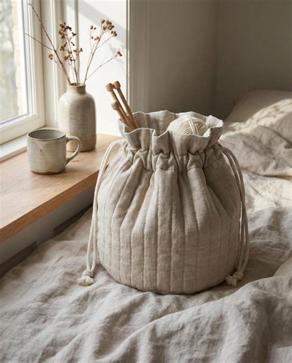 Quilted Bucket Bag Sewing Pattern | Drawstring Knitting Project Bag (PDF) - Etsy