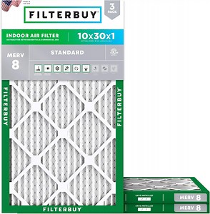 Filterbuy 10x30x1 MERV 8 Dust Defense, Pleated HVAC AC Furnace Air Filters (3-Pack)