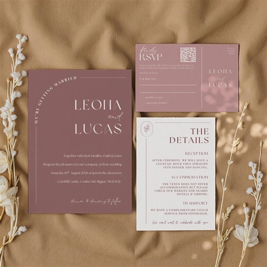 Dusty Rose Wedding Invitation Suite | Editable Canva Templates | Printable Wedding Invites & QR RSVP | Minimal, Modern, Romantic Stationery - Etsy