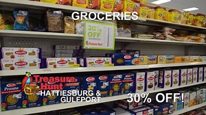 Hattiesburg and Gulfport Treasure Hunt stores just received an entire well known grocery store, arriving due to Hurricane Irma – in perfect condition! All selling at 30% off the grocery store price, you’ll find canned goods, soft drinks, coffee, candy, juice, snacks, pasta, cereal, baby items, health and beauty, cleaning supplies, paper towels, and much more by name brands you love like Coca Cola, Kellogs, Bounty, Keebler, Betty Crocker, Lays, Gerber, and many others! That’s an entire grocery st