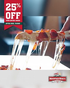 Save big on your next pizza night!! Order all your favorites online from Mountain Mike's Pizza and enjoy 25% off your check with Code 764565. | Mountain Mike's Pizza