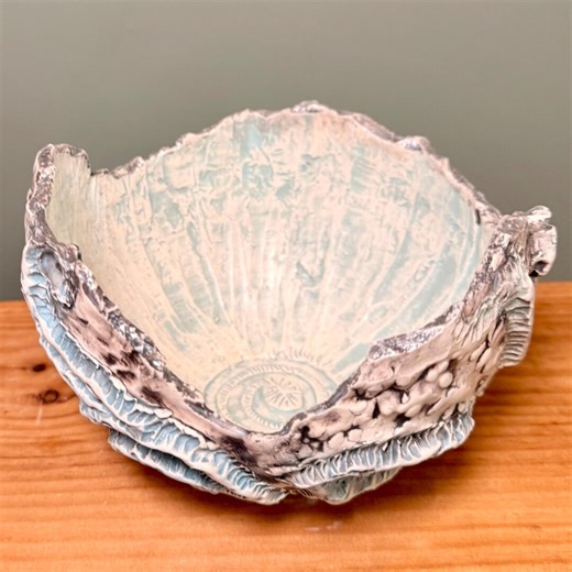 Organic Ceramic Shell Bowl – Hand Sculpted Coastal Dish in Blue, Sea Green & White - Etsy