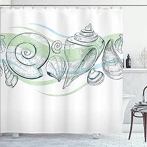Ambesonne Seashells Shower Curtain, Pastel Color Graphics of Mollusk Sketchy Features and Other Sea Elements, Cloth Fabric Bathroom Decor Set with Hooks, 69" W x 75" L, White Green