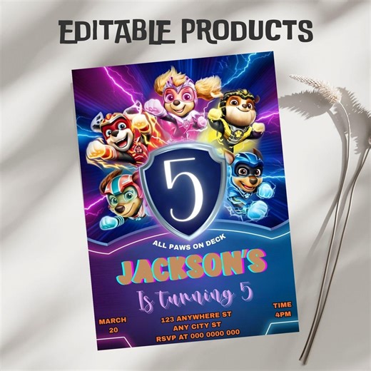 Editable Paw Patrol Birthday Party Invitation Template (5x7) Digital Downloadable Product - Etsy
