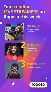 These 3 top musical gems are shining on roposo! 🥁 Check out their fun, entertaining and melodious LIVE shows on Roposo! 🎶🪘 Download the Roposo app to watch now! 🎥 • #TopLIVEstreamers #Roposo #RoposoLive #TopLive #Live #roposoapp #roposolove #livestreamers #livestream #livemusic #fitness #Fashion #Beauty #makeup #creators #Influencers #Music #Singers #tabla #indianmusic #musicians #songs #RoposoLivestreamers | Roposo