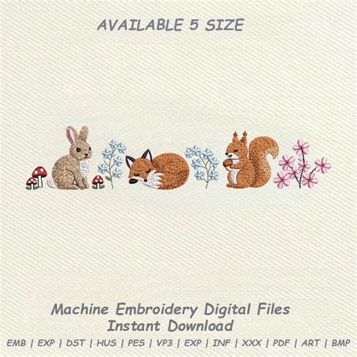 Woodland Animals Embroidery Design, Bunny Fox Squirrel Floral Border, Cute Forest Baby Nursery Machine Embroidery File PES DST - Etsy