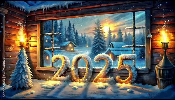 2025 Happy New Year Window Animation Loop - Festive winter scene with windowpane animation, ideal for holiday presentations, social media posts, and video projects.