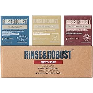 Rinse & Robust Mens Bar Soap Bath Bar Soap 3Pack Handmade Natural Soap Bar Set Cleansing Bar Moisturizing&Exfoliating Scrub Soap Gift Set for Men | Leather, Sandalwood, Teakwood | 3.5 oz of 3 Bars