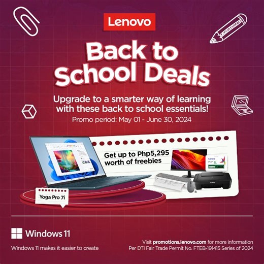 Enter the school year the smarter way with these Lenovo Back to School Deals! Get a FREE monitor, printer and other back to school essentials when you purchase participating Lenovo devices. Promo runs from May 1 to June 30, 2024. Visit https://lnv.gy/44lCS4K for more details | Lenovo Philippines