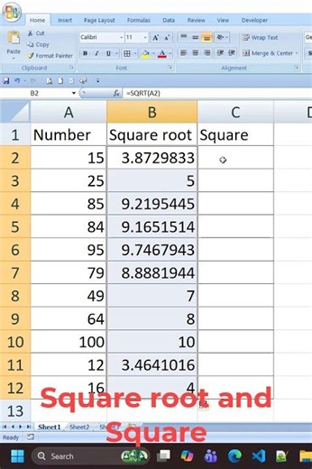 Square root and square calculation by using excel