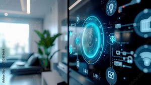 A closeup of a smart home hub with various IoT devices such as lights thermostat and security cameras connected and controlled through the hub. With 5G integration homeowners