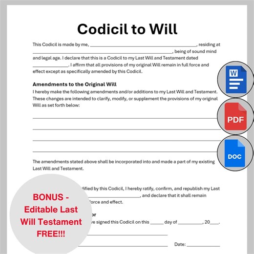 Customizable Codicil to Will, Editable Will Codicil Form Template, Printable Codicil Contract Document, Last Will Testament Instant Download - Etsy