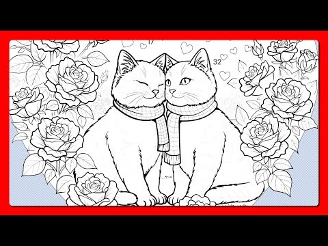 Color by Number Cute Valentine Cats in Heart Frame with Roses Paint by Number app #coloringbook