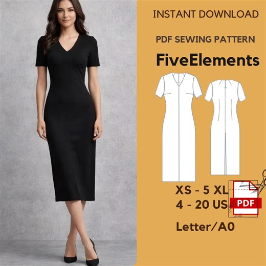 Sheath Dress Sewing Pattern PDF | Fitted Midi Dress Pattern | V Neck Dress | Office Dress Pattern | XS–5XL | A0 Letter Download - Etsy