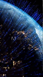 Global connectivity concept with worldwide communication network connection lines around planet Earth viewed from space, satellite orbit, city lights. Vertical, phone wallpaper Stock Video