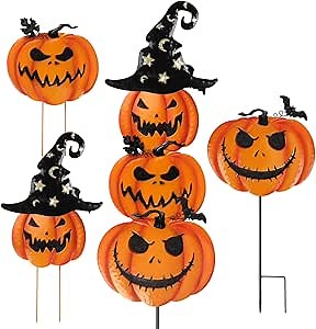 Halloween Garden Stakes, Stacked Metal Pumpkins Jack-o-Lantern Lawn Decor with Witch Hat, Shimmering Halloween Yard Signs Stake Decorative Pumpkin Stake for Outdoor Patio Pathway Home Decorations (A)