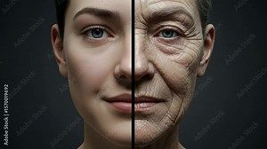 Aging Process: Youth to Old Age Face Comparison - A split-face video showing the transition from a young woman's face to an older woman's face, highlighting the visible changes in skin texture,