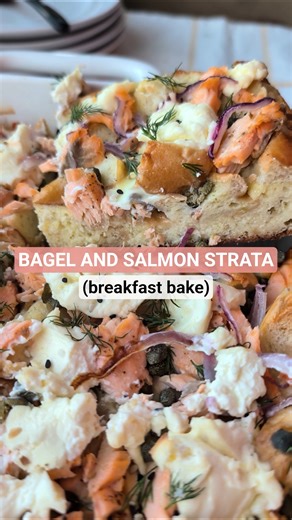 Bagel and Salmon Strata (easy breakfast bake) #brunch #recipe #pescatarian