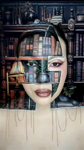 A little camouflage bodypaint fun with a vintage bookshelf backdrop I found on Amazon. 📚 #camouflage #bodypaint #makeup #illusionart #surrealism