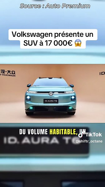 🇨🇳 Volkswagen lance un SUV électrique à 17 000 € avec jusqu’à 660 km d’autonomie ! L’ID.Aura T6 propose une batterie jusqu’à 77,5 kWh, 660 km d’autonomie selon le cycle chinois CLTC et une recharge de 10 à 80 % en environ 22 minutes. Le problème ? Vous ne pourrez pas l’acheter en Europe. #automobile #info #voiture #actu #volkswagen