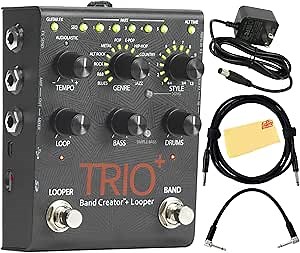 DigiTech Trio+ Band Creator and Looper Pedal Bundle with Power Supply, Guitar Cable, Patch Cable, and Austin Bazaar Polishing Cloth