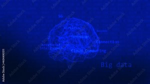 Artificial Intelligence, big data and cloud computing digital concept with brain shape. Tech blue background.