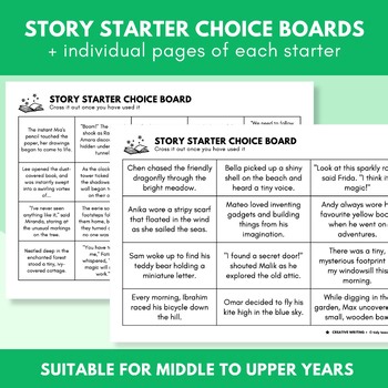 Story Starter Choice Boards and Individual Prompts | Middle to Upper Years