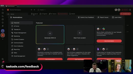 https://www.taskade.com 🔴 In This Live Stream: New AI Agent Tools, Automation Generator, and More! - New Agent Mode: Create AI agents alongside projects for immediate use (7:12) - Collaborative Sidebar: Shared AI agent chat visible to project members (9:05) - YouTube Transcription Tool: Transcribe and summarize YouTube videos directly with AI agents (11:16) - Social Media Automation: Post updates to LinkedIn and X (Twitter) directly from AI agents (13:00) - Automation Generator: Generate automa