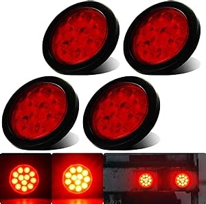 4pcs 4 inch Round LED Trailer Tail Lights Red 12 LEDs Brake Stop Turn Signal Running Lights w/Rubber Grommet Sealed Recessed Mount Waterproof IP67 For Truck/RV/Van,DC 12V