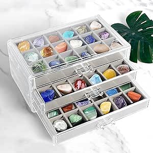 Rock Display Case, 3 Drawers Gemstone Collection Box 54 Grids Rock Collection Display Case Clear Crystals Display Case Rock Case for Kids Rocks 9.33×6.1×4.25 in